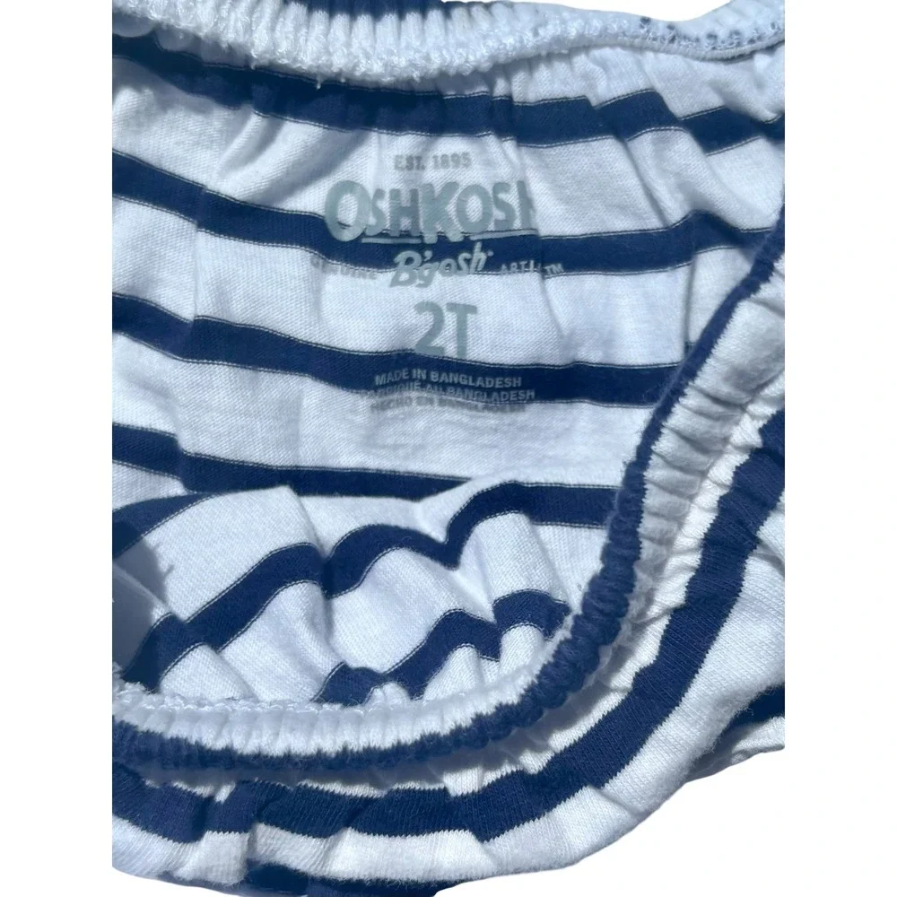 OshKosh B'gosh Romper Toddler 2T Blue White Excellent Striped Ruffle Chambray‎
